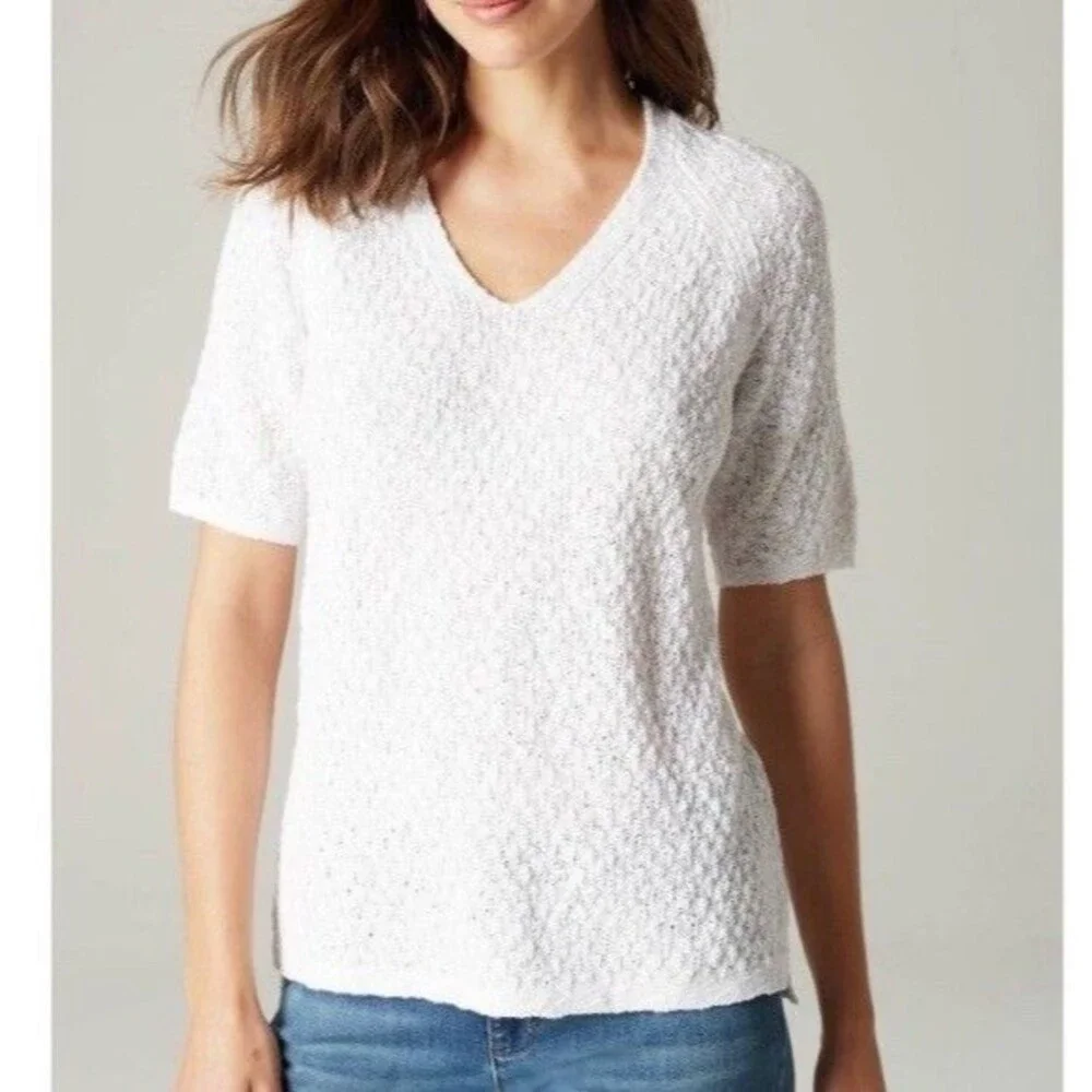 J. Jill Dimensional Elbow-Sleeve Sweater Size XL White V-Neck Beachy Summer Boho